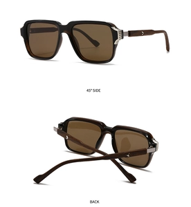 Detailansicht der polarisierten Sonnenbrille mit Holzmaserung-Bügeln und V-Logo