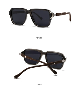 Detailansicht der runden Polarisations-Sonnenbrille mit dunklen Holzbügeln und Metallelementen