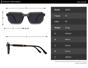 Detailed size chart and dimensions for model 10074 retro square polarized sunglasses