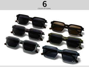 Flat lay of retro chunky square polarized sunglasses in six assorted frame colors