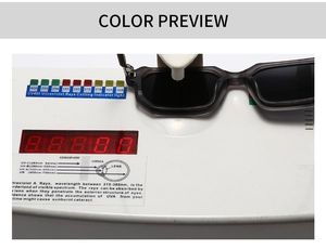 Polarized square sunglasses showing UV400 protection test on professional measuring device