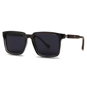 Retro square polarized sunglasses with translucent grey frame and dark wood temples