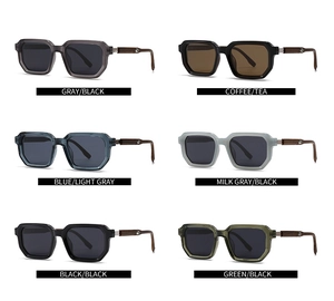 Detailed grid of polarized sunglasses showing 6 color variants and wood texture temples
