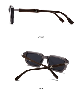 Detail showing retro polarized sunglasses with wood grain temples and metal logo inlay