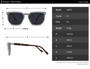 Detailed size chart for retro polarized sunglasses showing dimensions and PC material specs