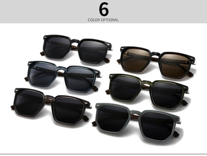 Flat lay of six color options for square polarized sunglasses with wood grain temples