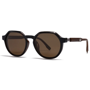 Retro polarized sunglasses with black geometric frames and walnut wood texture temples