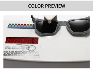 Detailed UV400 test of square gray sunglasses showing full ultraviolet protection capability