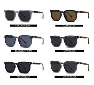Multi-color collection of polygon polarized sunglasses with wood grain textured temples