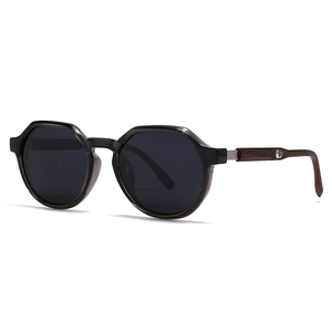 Retro polarized sunglasses featuring translucent grey frames and wooden texture temples