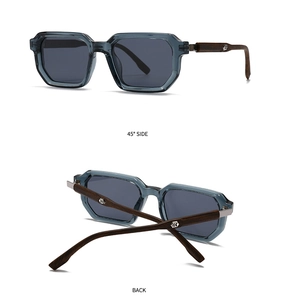 Detail view of polarized sunglasses with blue resin frames and wooden temples