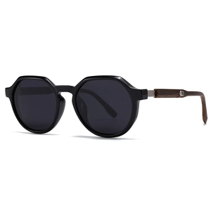 Retro polarized sunglasses with thick black polygonal frames and textured wooden temples