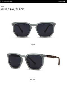 Front and 45-degree side view of milk gray square sunglasses with wood texture temples