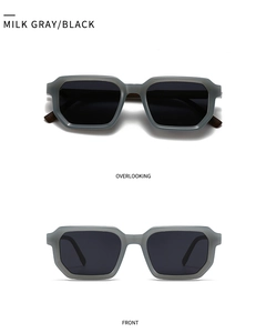 Detail view of milk gray polygon sunglasses with black lenses from multiple angles