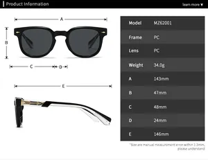 Detailed size chart for retro small frame sunglasses showing PC lens and frame dimensions