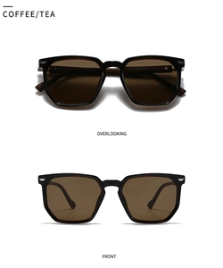 Front and top views of retro black polygon sunglasses with dark coffee polarized lenses