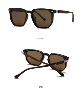 Close-up of retro square sunglasses with wood grain temples and silver bird logo