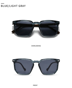 Close-up of blue translucent square sunglasses with polarized lenses and metal temple detail