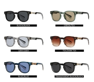 Collection of six retro square sunglasses in various colors on a white background