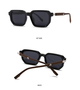 Detailed side and back view of retro polarized sunglasses with wood grain temples