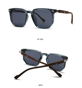 Detail view of polarized sunglasses featuring wooden temples and silver bird logo inlay