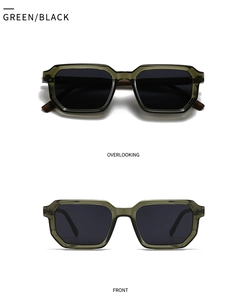 Detailed view of green translucent frame sunglasses with dark grey polarized lenses