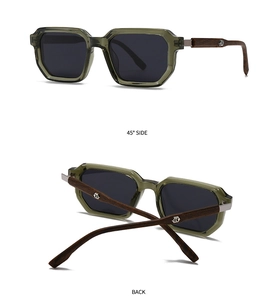Detailed 45-degree side and back view of retro olive green sunglasses with wood grain arms