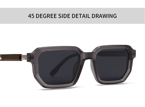 45-degree side view of sunglasses with translucent frames and wood grain temples
