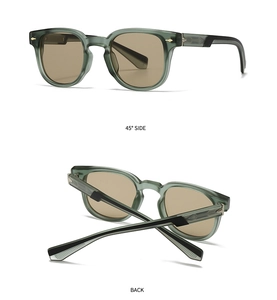 Detail view of retro small frame sunglasses with grey-green frames and dark brown lenses