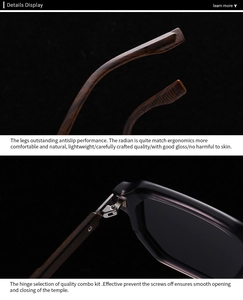 Macro detail of wood grain temples and durable metal hinges of retro polarized sunglasses