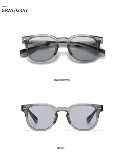 Detailed views of grey retro small frame sunglasses with gold diamond rivets accents