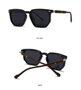 Detail view of polarized sunglasses with wooden textured temples and V-shaped metal logo