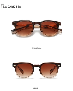 Retro small frame sunglasses with tea gradient lenses and metal rivet details