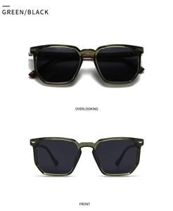 Detailed top and front views of vintage green square sunglasses with wood texture temples