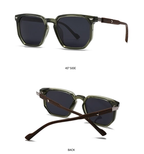 Detailed views of retro polarized sunglasses with wood grain temples and metal logo