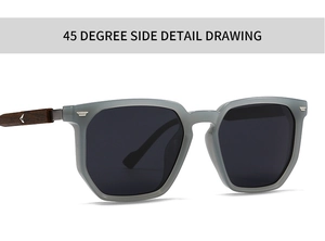 45-degree side view of square gray sunglasses with wooden texture temples and metal logo