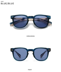 Detail showing blue acetate sunglasses frame with distinctive golden arrow rivets
