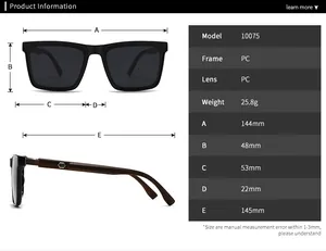 Size guide for rectangular polarized sunglasses showing dimensions of frame and lenses