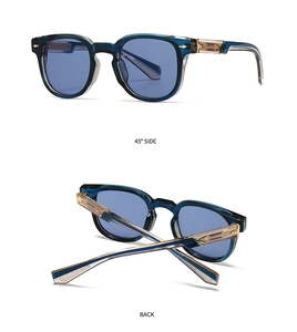 Detail of blue translucent sunglasses with gold metal arrow core inside the temple arm