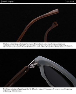 Detail view of durable metal hinges and wood texture temples on polarized sunglasses