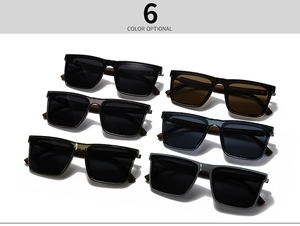 Array of six colorful square polarized sunglasses with elegant wood grain texture temples