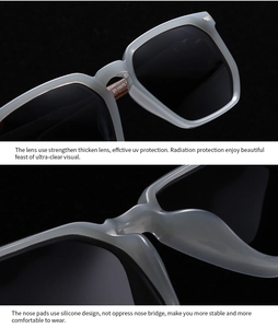 Detailed macro view of polarized lenses and soft silicone nose pads for retro sunglasses
