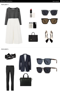 Flat lay showing retro polarized sunglasses paired with stylish lady and gent outfits
