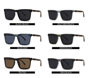 Detailed grid of vintage square sunglasses with wood grain temples and various lens colors