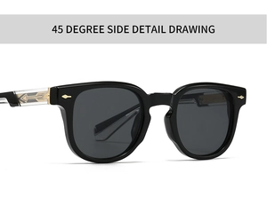 Side view of retro black rectangle sunglasses featuring signature gold arrow metal hinges