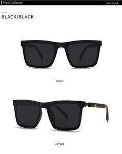Detail of black square polarized sunglasses showing front and 45-degree side view