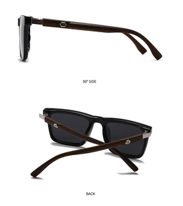 Detailed side and back view of retro square sunglasses with elegant dark wood grain temples