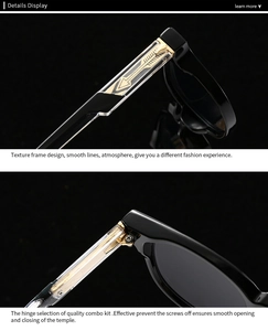 Detail of premium metal hinge and gold arrow inlay on black acetate sunglasses frame