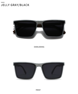 Macro view of jelly gray and black square frame sunglasses from front and top angles