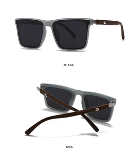 Detail of square sunglasses featuring wood grain temples and 45-degree side view